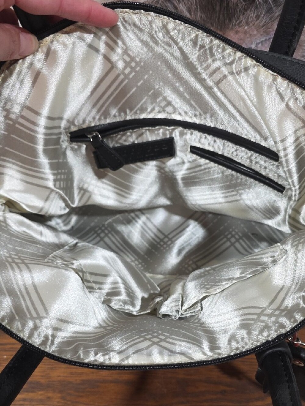 London Fog Black and Cream Faux-Ostrich Satchel with Detachable Strap - Picture 2 of 2